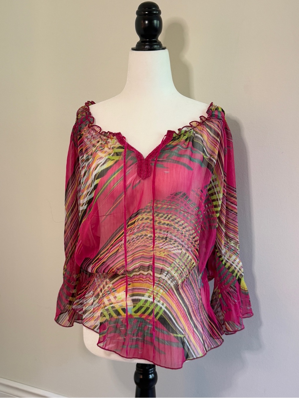 Sheer Fuchsia Multi-Print Peasant Blouse S/M